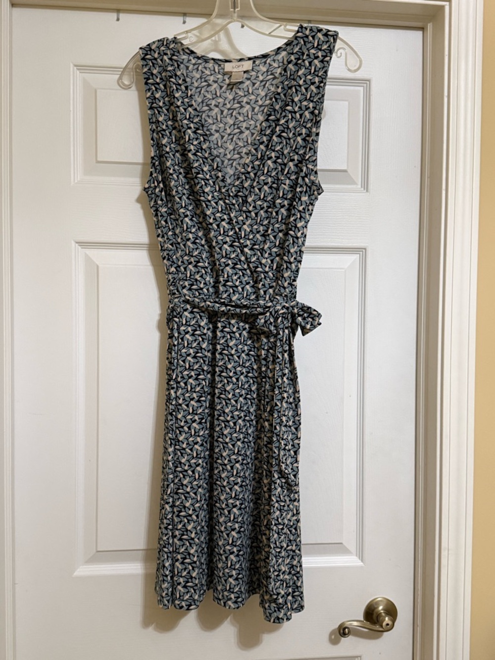 LOFT Navy and Cream Sleeveless Faux Wrap Midi Dress